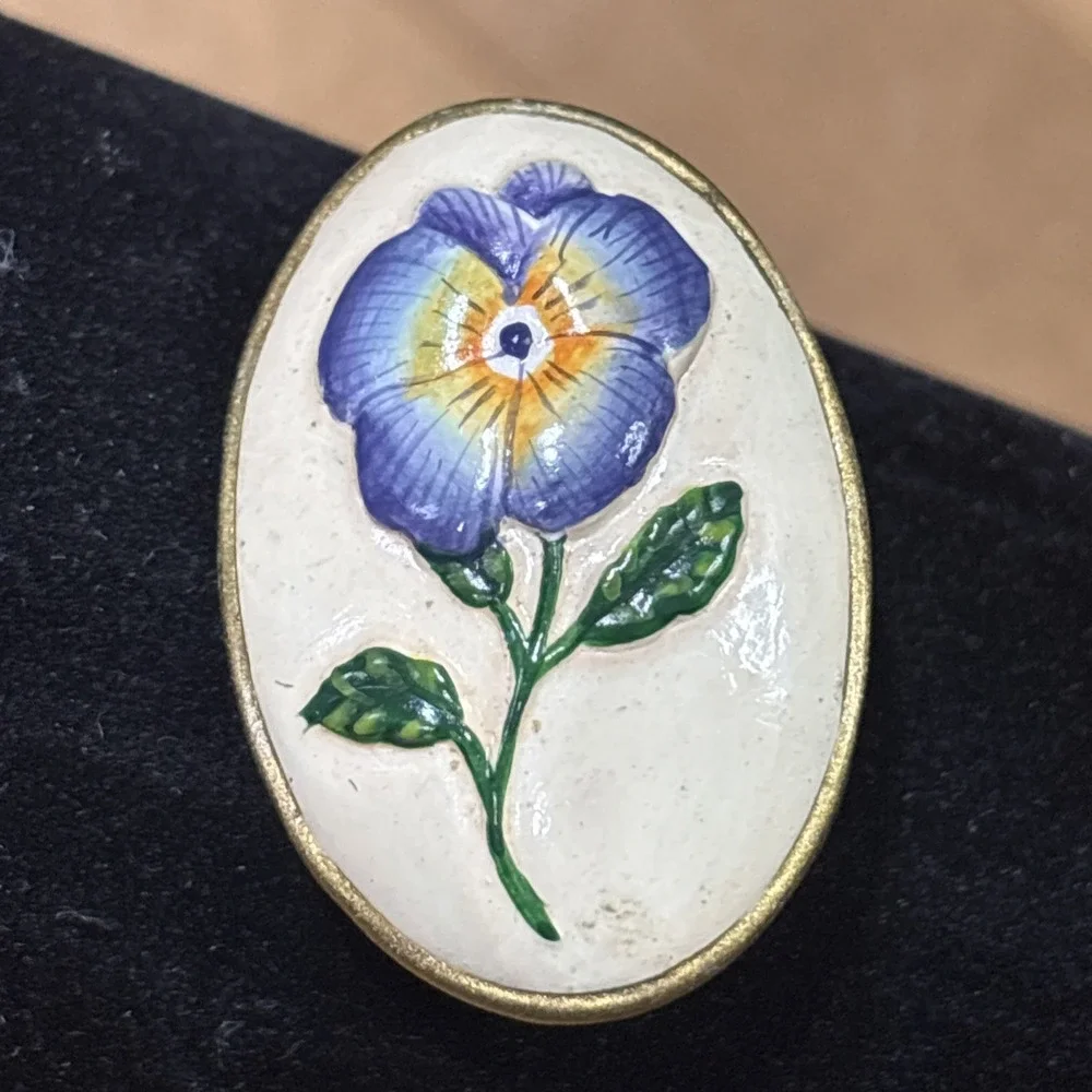Vintage MCM Hand Painted Enamel Pansy Brooch Victorian Revival Gold Tone Pin